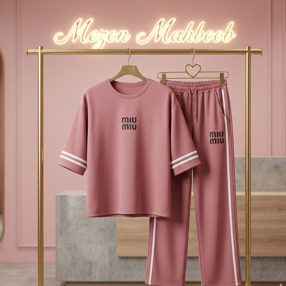 ست بلوز و شلوار زنانه نخی برند Miu Miu مدل آزاد (Oversize) رنگ کرم– جنس نخ پنبه اعلا – سایز فری