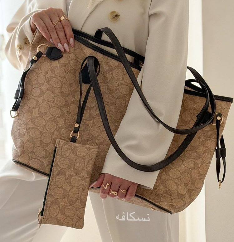 کیف دوشی و دستی زنانه مدل توتبگ (Tote Bag) طرح برند - جادار، باکیفیت بالا به همراه کیف پول کوچک