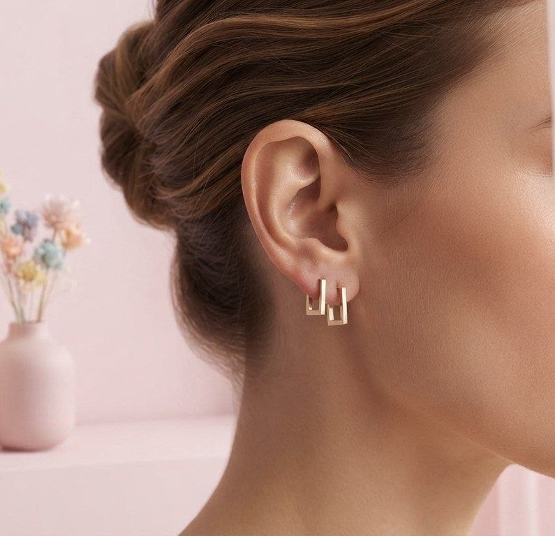 ​خرید گوشواره زنانه مدل حلقه ای مربعی - گوشواره استیل رنگ ثابت و ضد حساسیت